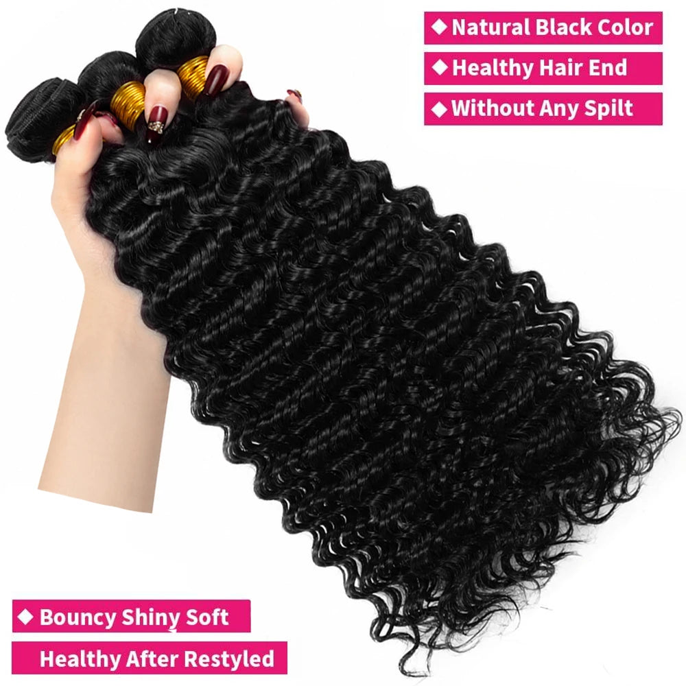 32 Inch Deep Wave 100% Human Hair Bundle With Closure Curly 3 Bundles With Closure Human Hair Weavings And Closure Vietnamese