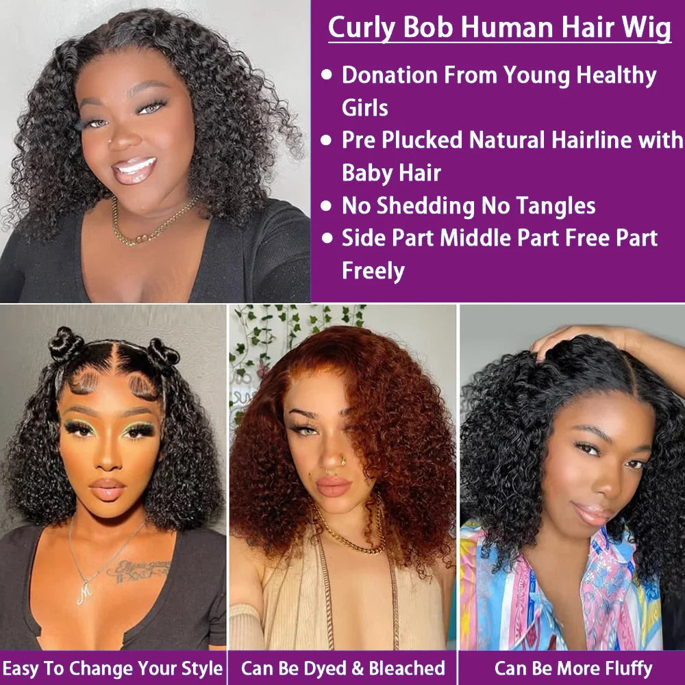 Short Bob Curly 13x4 Lace Front Human Hair Wigs Brazilian Virgin 100% Human Hair Deep Wave Bob Wigs 200% Density 4x4 Closure Wig