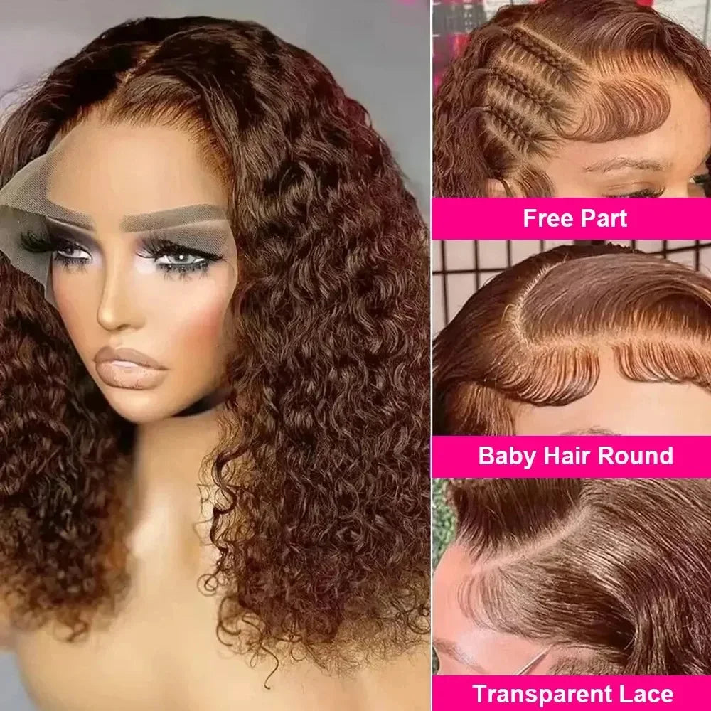 250% Chocolate Brown Curly Short Bob Wigs 13x4 Lace Frontal Wigs #4 Color Curly Human Hair Deep Wave Human Hair Wig For Women
