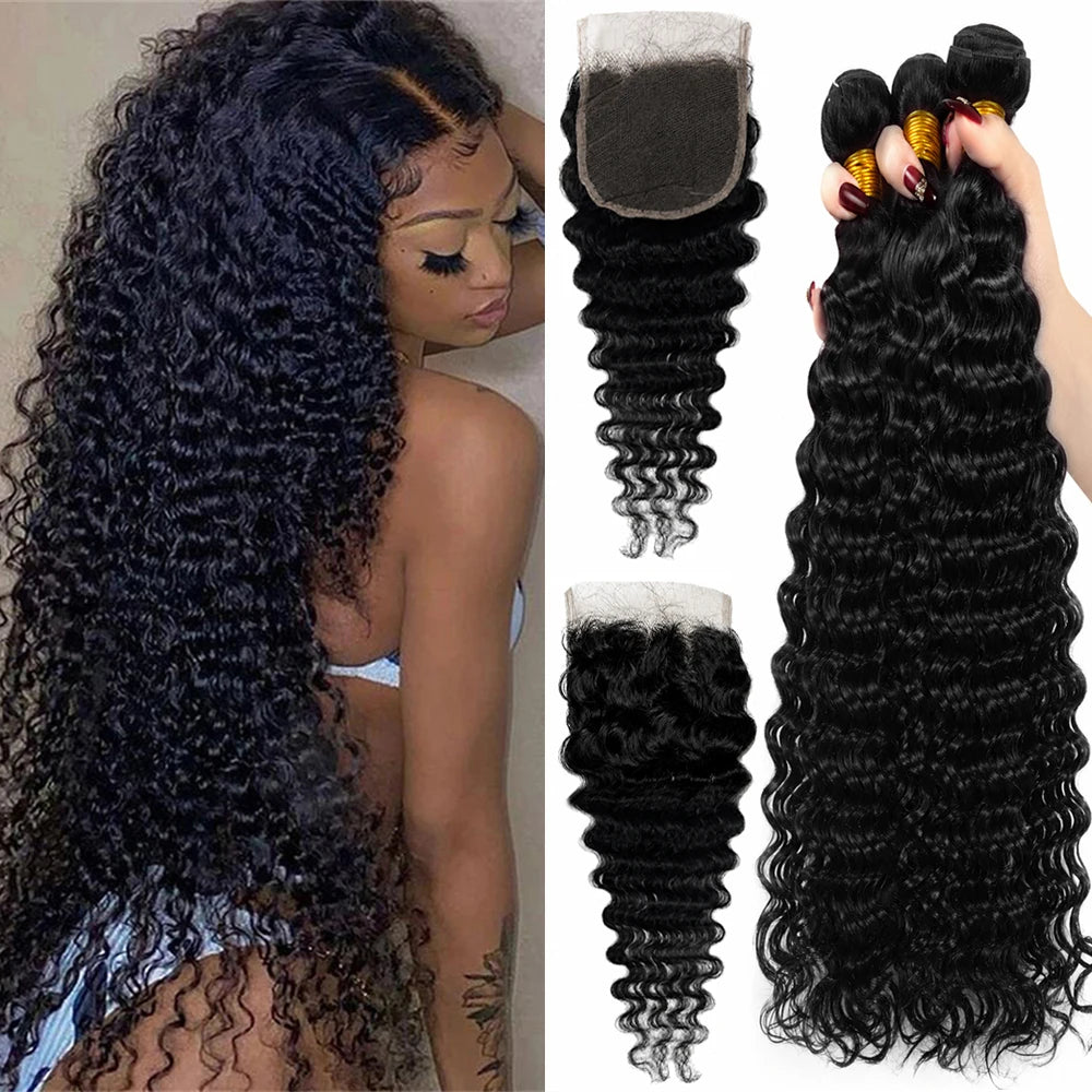 32 Inch Deep Wave 100% Human Hair Bundle With Closure Curly 3 Bundles With Closure Human Hair Weavings And Closure Vietnamese