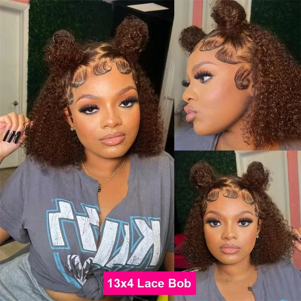 250% Chocolate Brown Curly Short Bob Wigs 13x4 Lace Frontal Wigs #4 Color Curly Human Hair Deep Wave Human Hair Wig For Women