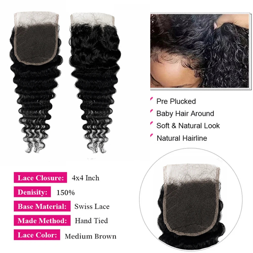 32 Inch Deep Wave 100% Human Hair Bundle With Closure Curly 3 Bundles With Closure Human Hair Weavings And Closure Vietnamese