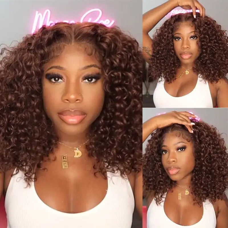 250% Chocolate Brown Curly Short Bob Wigs 13x4 Lace Frontal Wigs #4 Color Curly Human Hair Deep Wave Human Hair Wig For Women