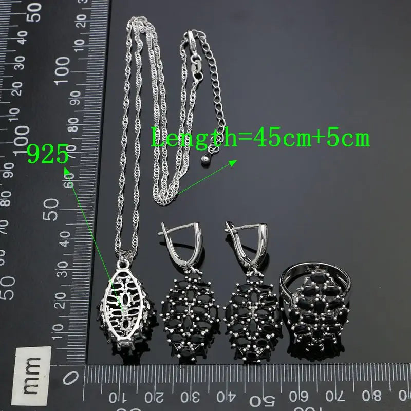 Silver 925 Jewelry Sets For Women Party Accessories Black Cubic Zirconia Earrings Ring Necklace Pendant