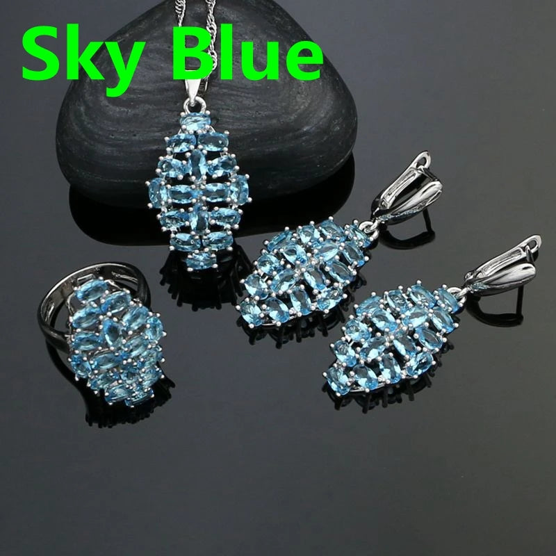 Silver 925 Jewelry Sets For Women Party Accessories Black Cubic Zirconia Earrings Ring Necklace Pendant