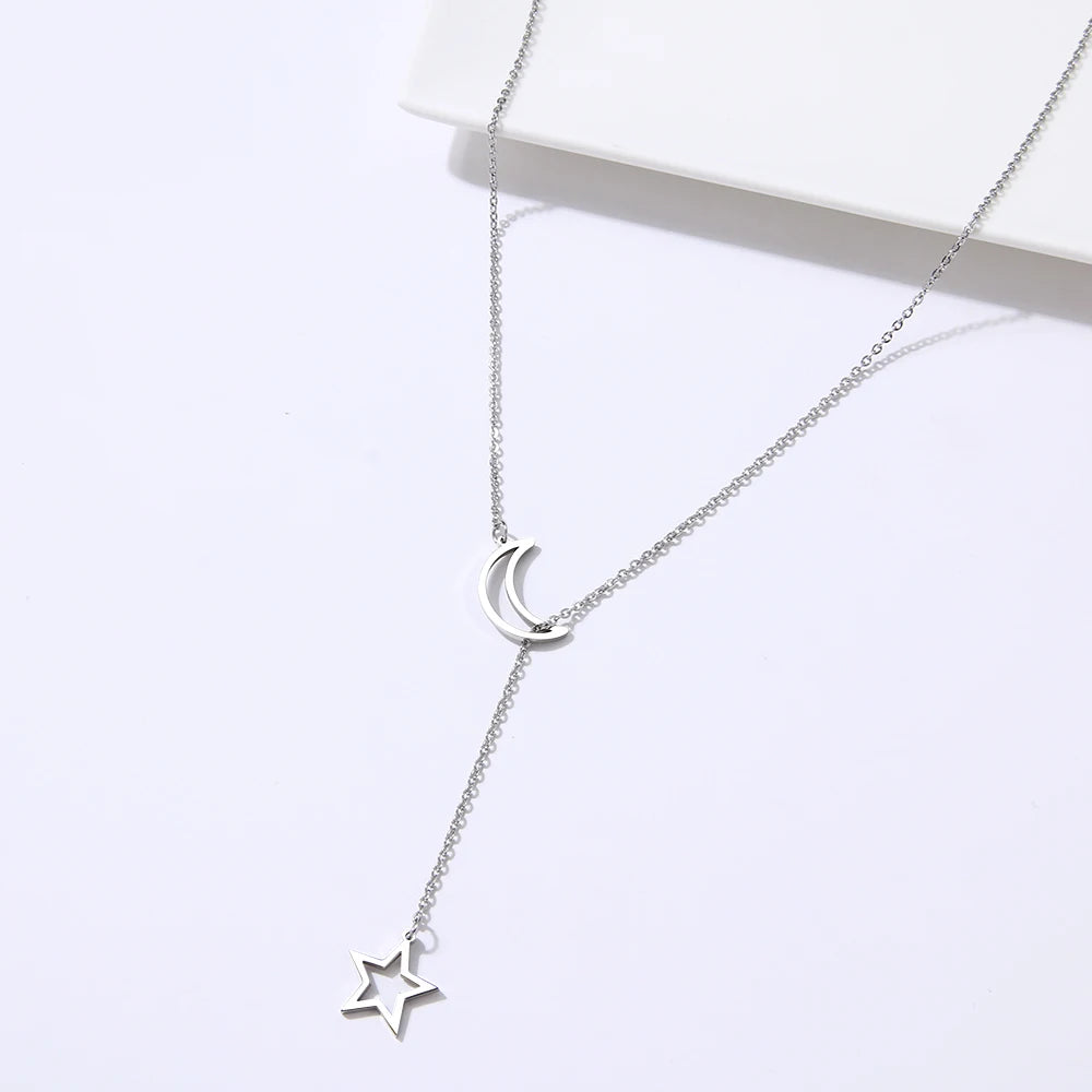 DOTIFI For Women Necklaces Double Pendant Long Chain Moon Star Stainless Steel Necklace Jewelry
