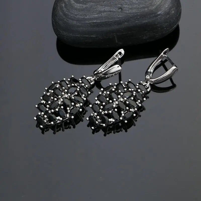 Silver 925 Jewelry Sets For Women Party Accessories Black Cubic Zirconia Earrings Ring Necklace Pendant