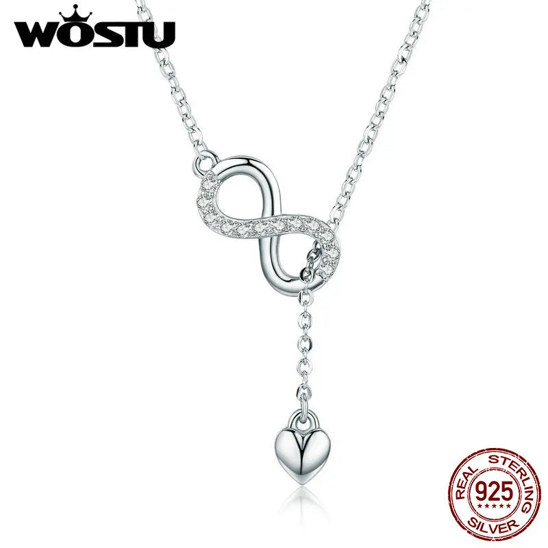 WOSTU Authentic 925 Sterling Silver Infinity Love Heart Pendant Necklace For Women Silver Jewelry Lover Romantic Gift CQN223