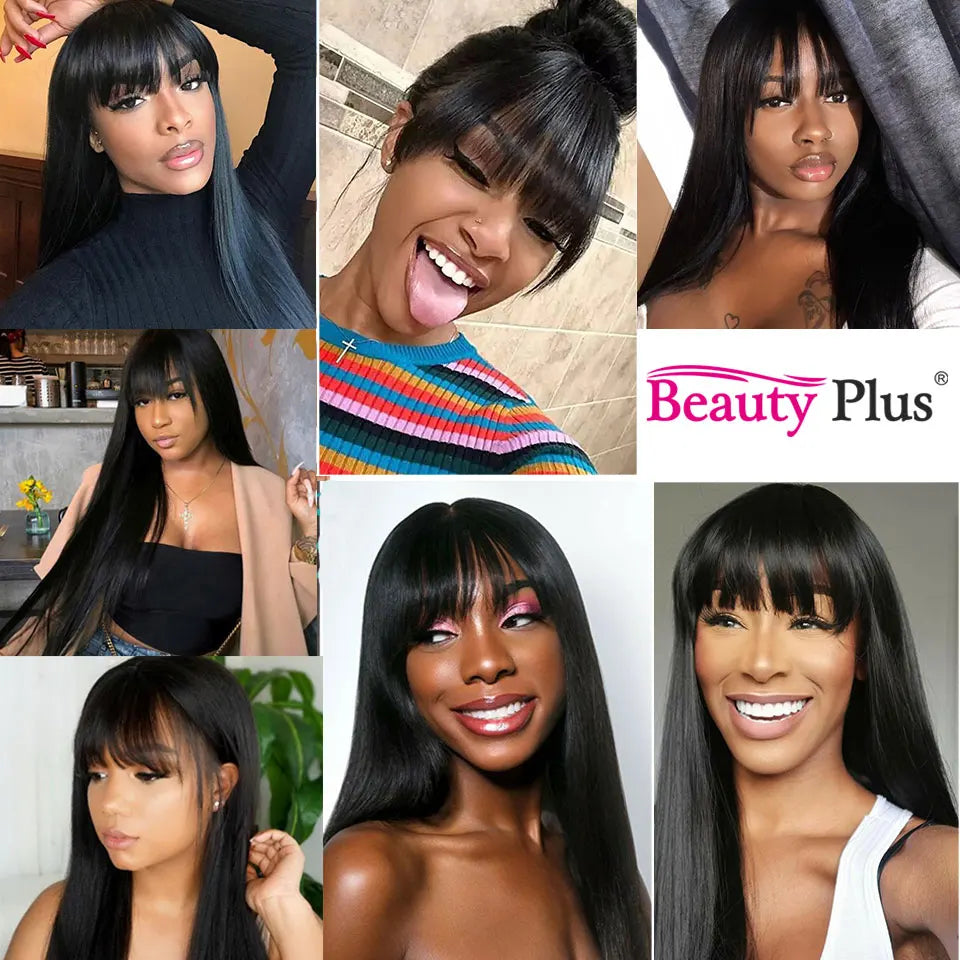 Raw Indian 100% Human Hair Wig With Bangs 32 34 Inch Full Machine Made Wigs With Bangs Long Hair Remy Hair Black Wig With Bangs