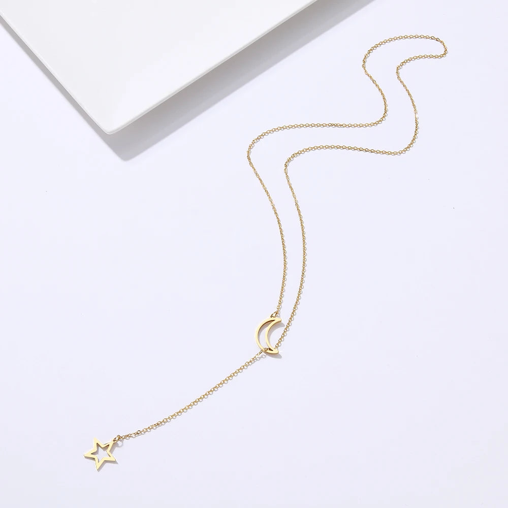 DOTIFI For Women Necklaces Double Pendant Long Chain Moon Star Stainless Steel Necklace Jewelry