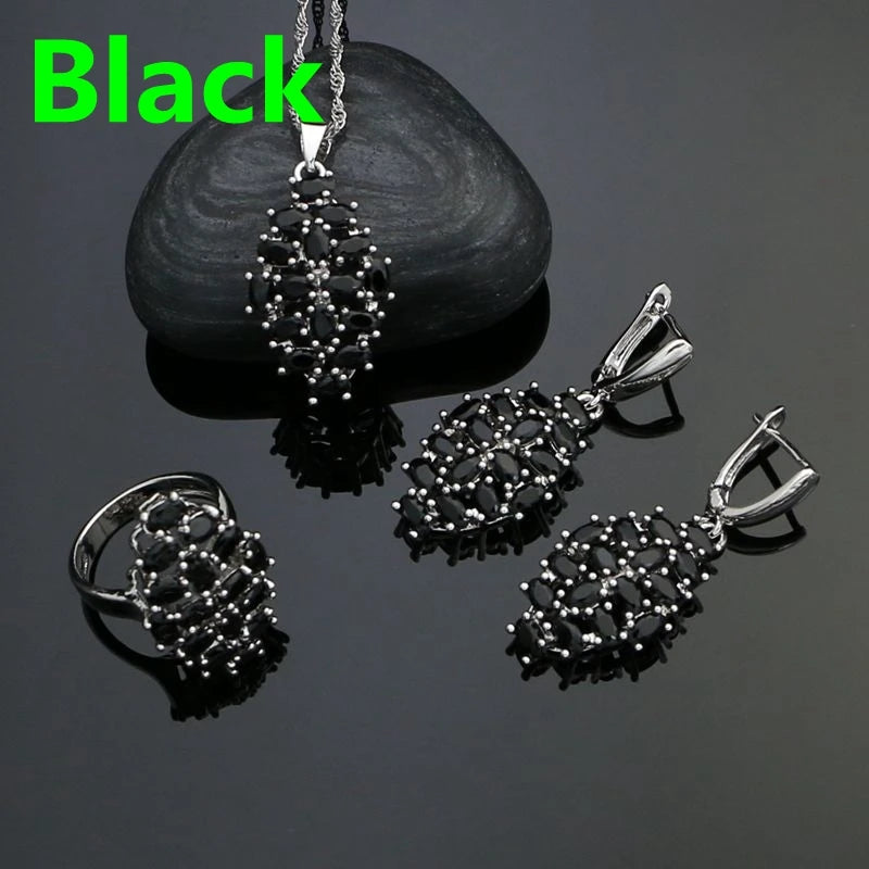 Silver 925 Jewelry Sets For Women Party Accessories Black Cubic Zirconia Earrings Ring Necklace Pendant
