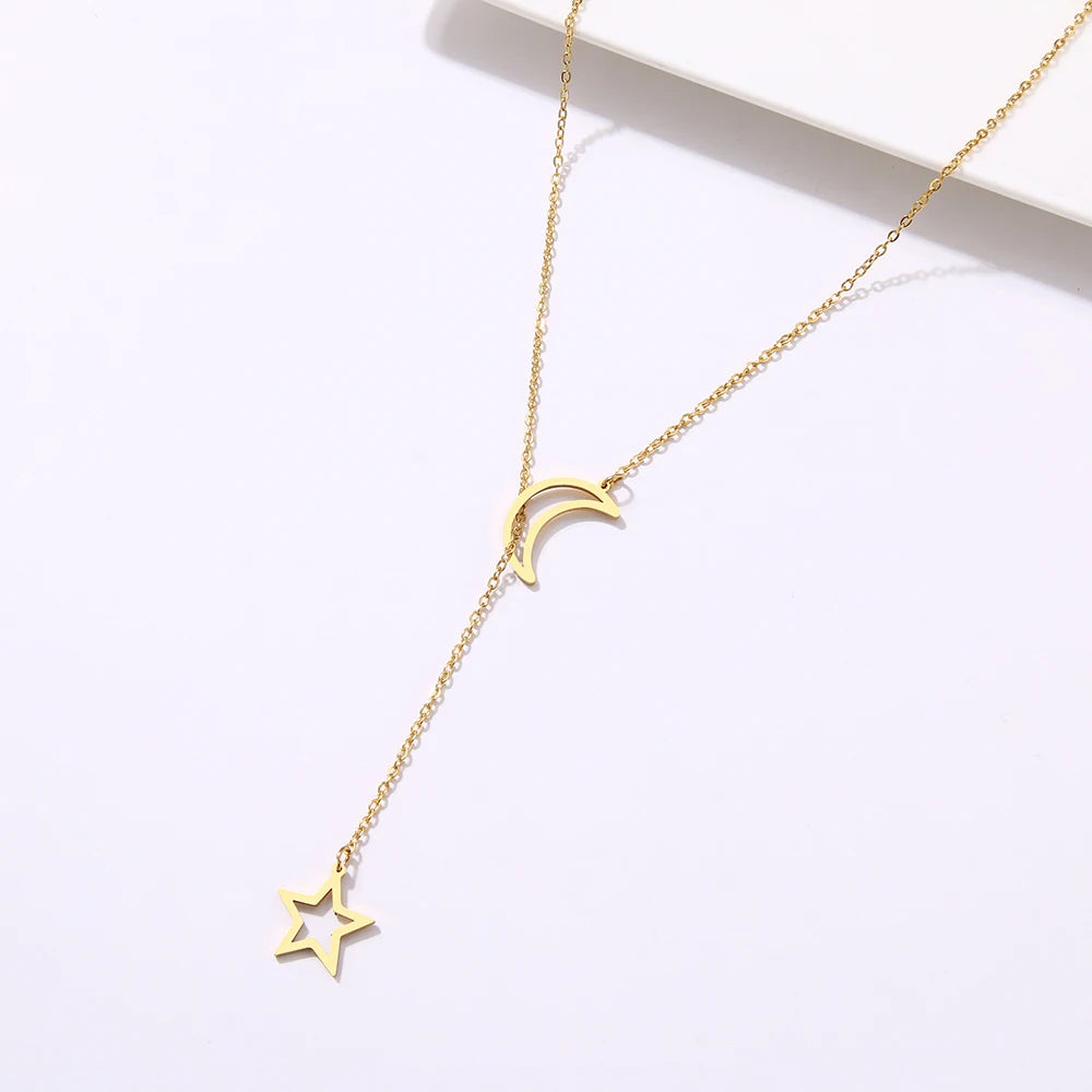 DOTIFI For Women Necklaces Double Pendant Long Chain Moon Star Stainless Steel Necklace Jewelry