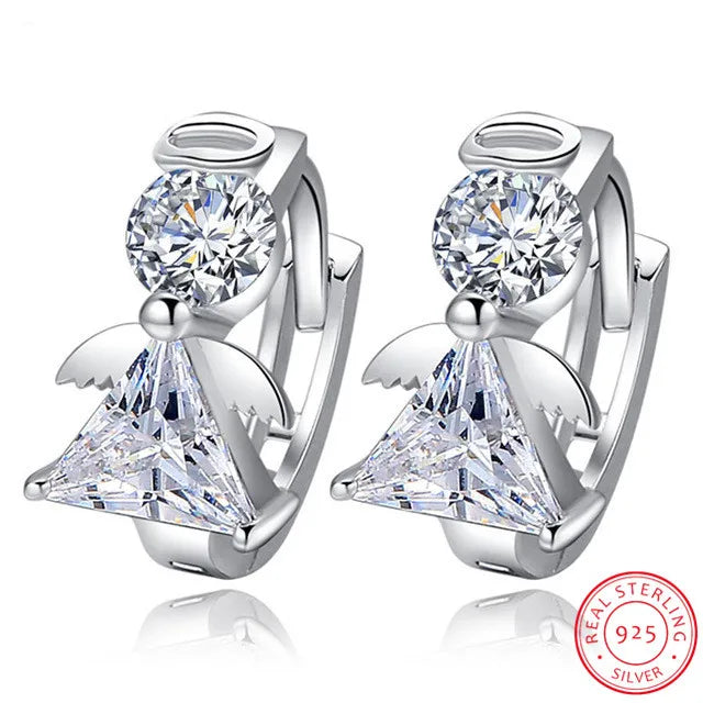 New Arrivals Fashion Angel Design 925 Sterling Silver Stud Earrings Luxury Double Crystal Earring For Women Silver Jewelry