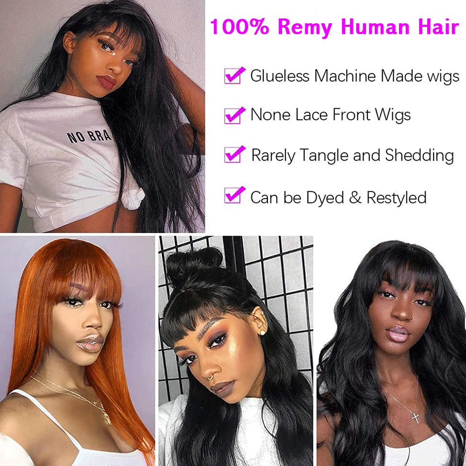 Raw Indian 100% Human Hair Wig With Bangs 32 34 Inch Full Machine Made Wigs With Bangs Long Hair Remy Hair Black Wig With Bangs