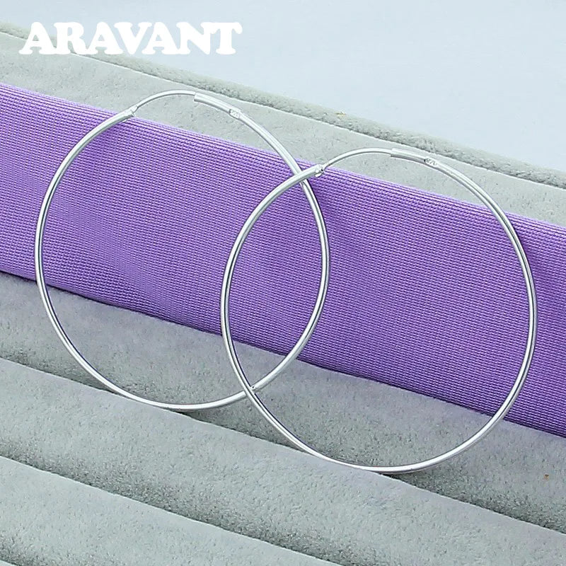 Aravant Fashion 925 Silver 20/35/50/60MM Round Big Circle Hoop Earrings Women Silver Jewelry