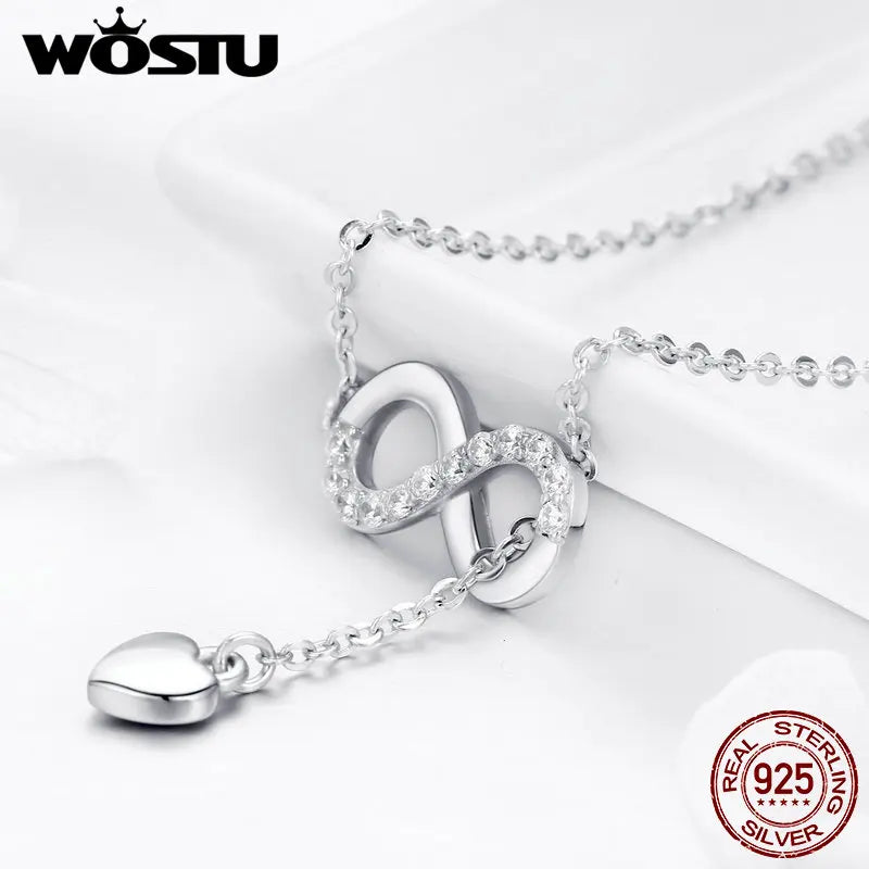 WOSTU Authentic 925 Sterling Silver Infinity Love Heart Pendant Necklace For Women Silver Jewelry Lover Romantic Gift CQN223