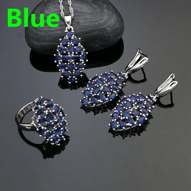 Silver 925 Jewelry Sets For Women Party Accessories Black Cubic Zirconia Earrings Ring Necklace Pendant