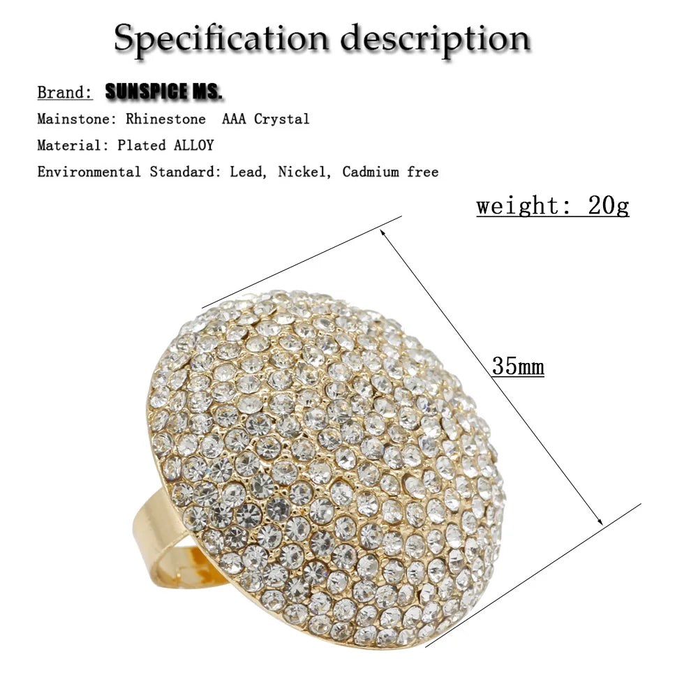Sunspicems Chic Crystal Women Rings Big Size Gold Color Morocco Banquet Wedding Jewelry Model Bijoux