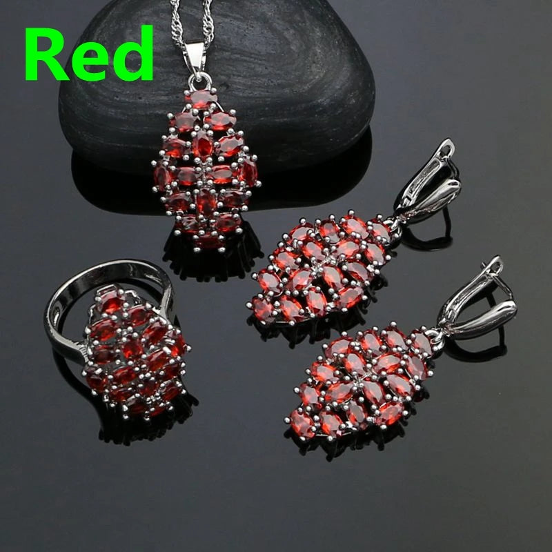 Silver 925 Jewelry Sets For Women Party Accessories Black Cubic Zirconia Earrings Ring Necklace Pendant