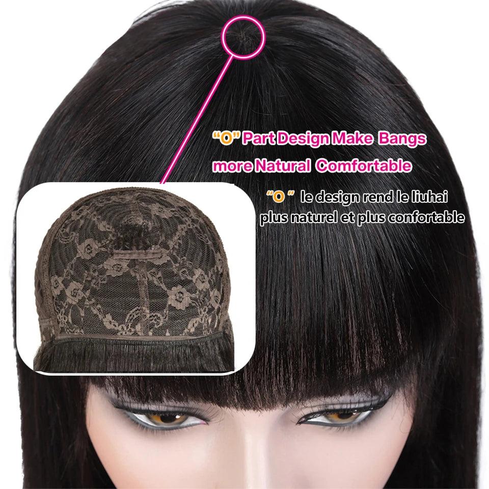Raw Indian 100% Human Hair Wig With Bangs 32 34 Inch Full Machine Made Wigs With Bangs Long Hair Remy Hair Black Wig With Bangs