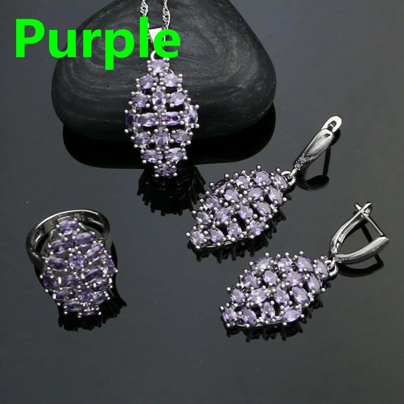 Silver 925 Jewelry Sets For Women Party Accessories Black Cubic Zirconia Earrings Ring Necklace Pendant