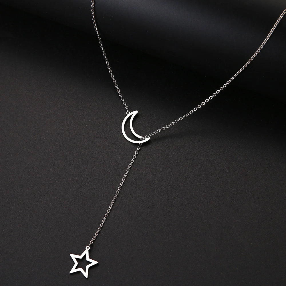 DOTIFI For Women Necklaces Double Pendant Long Chain Moon Star Stainless Steel Necklace Jewelry