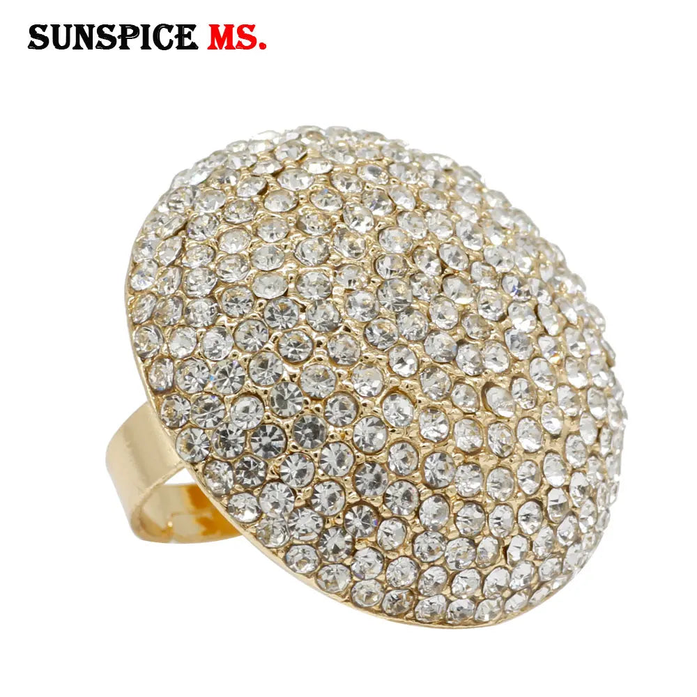 Sunspicems Chic Crystal Women Rings Big Size Gold Color Morocco Banquet Wedding Jewelry Model Bijoux