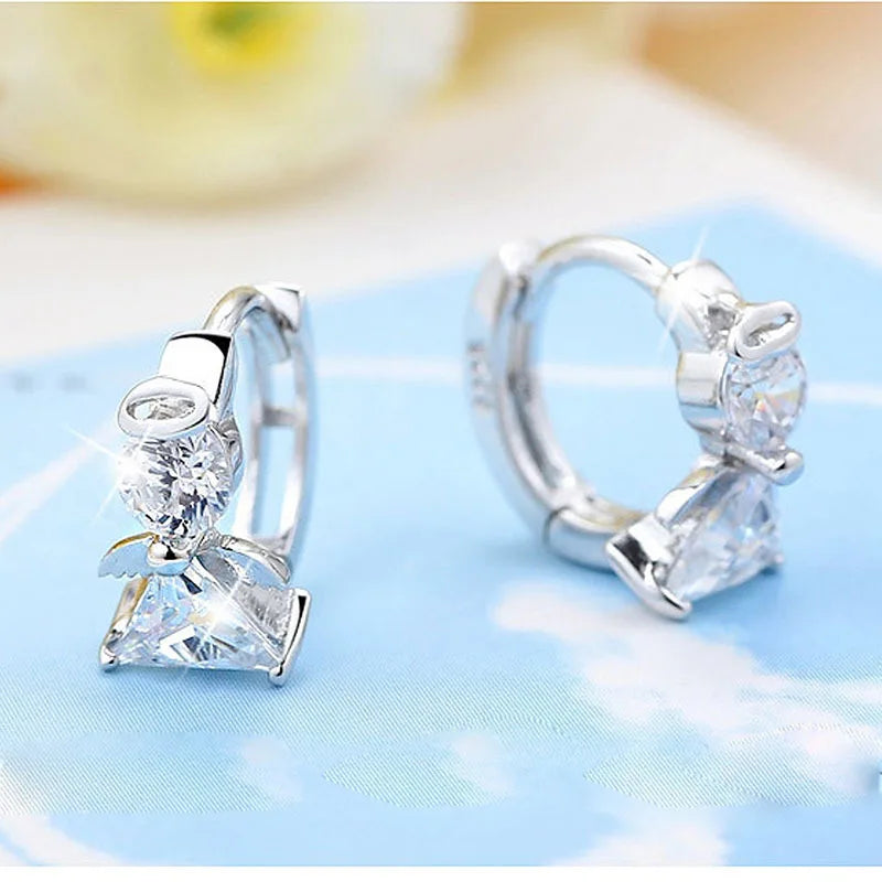 New Arrivals Fashion Angel Design 925 Sterling Silver Stud Earrings Luxury Double Crystal Earring For Women Silver Jewelry