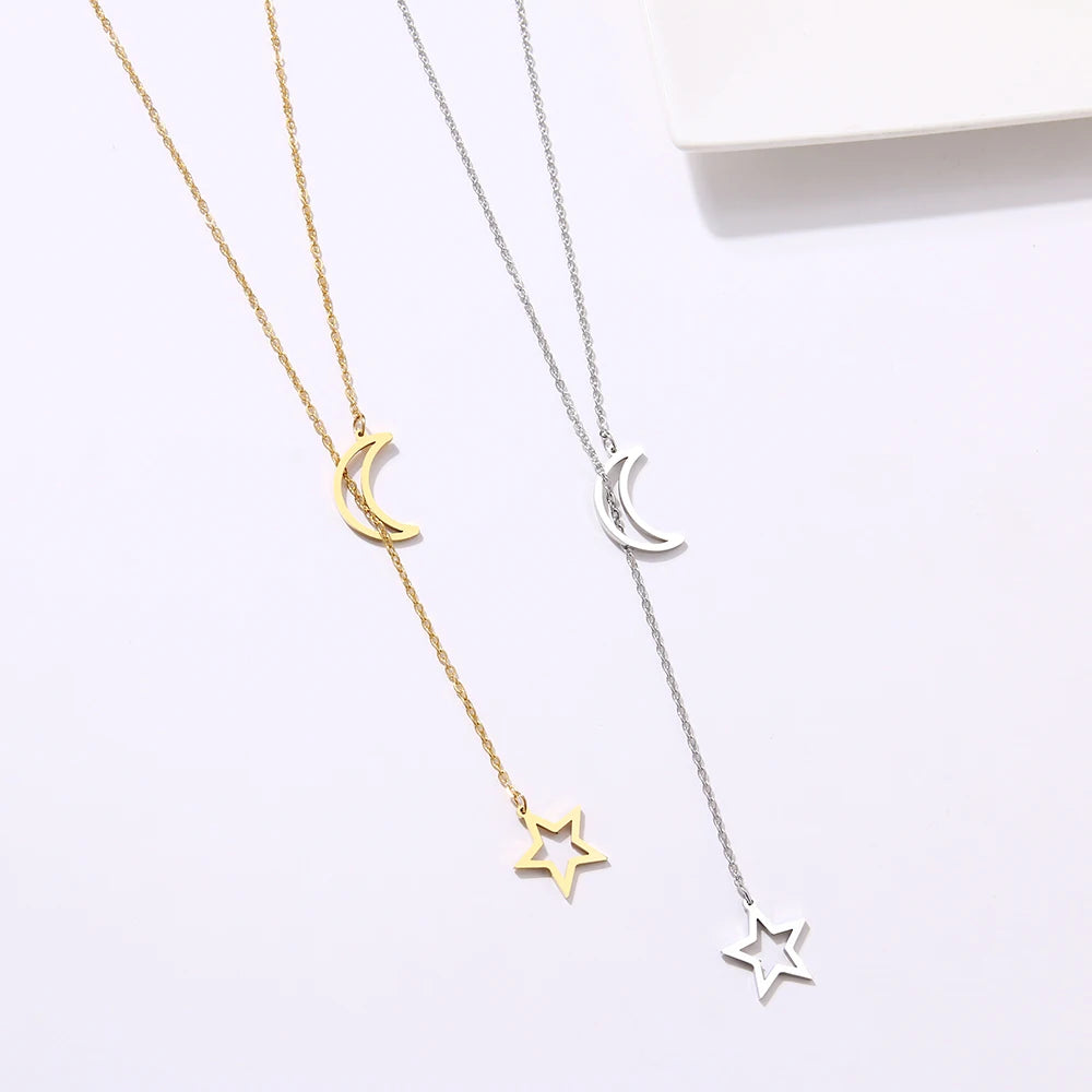 DOTIFI For Women Necklaces Double Pendant Long Chain Moon Star Stainless Steel Necklace Jewelry