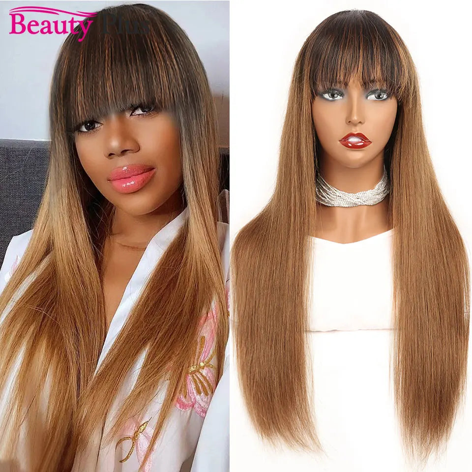 Raw Indian 100% Human Hair Wig With Bangs 32 34 Inch Full Machine Made Wigs With Bangs Long Hair Remy Hair Black Wig With Bangs