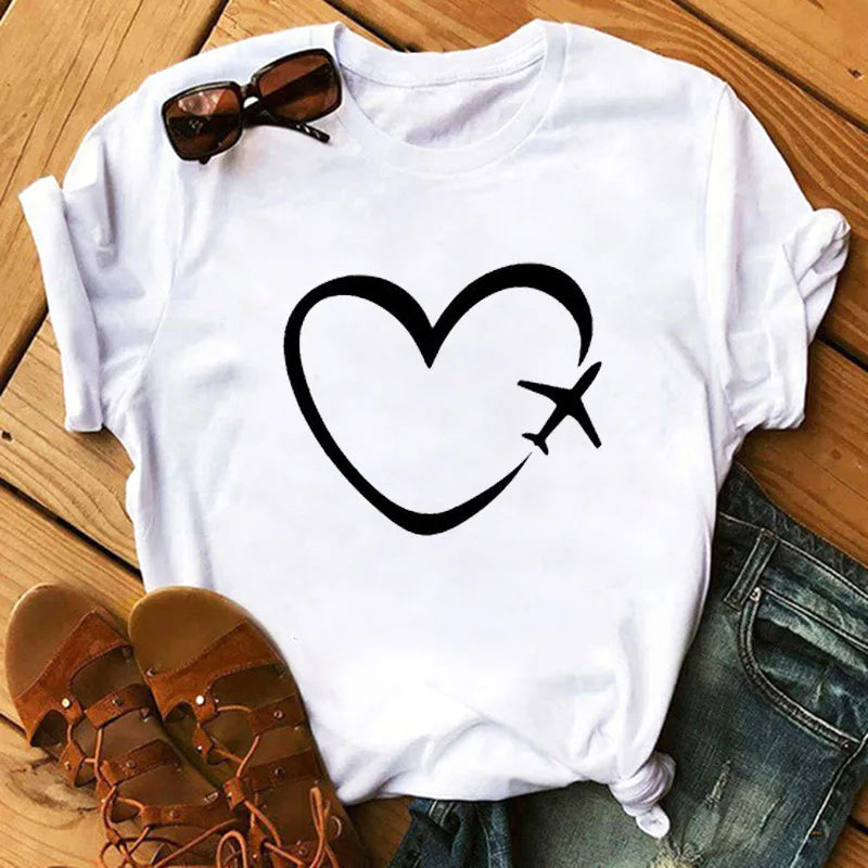 Love Flower Half Sleeve Cartoon White Letter T-shirt Women Wholesale Round Neck T-shirt Women Oversized T Shirt