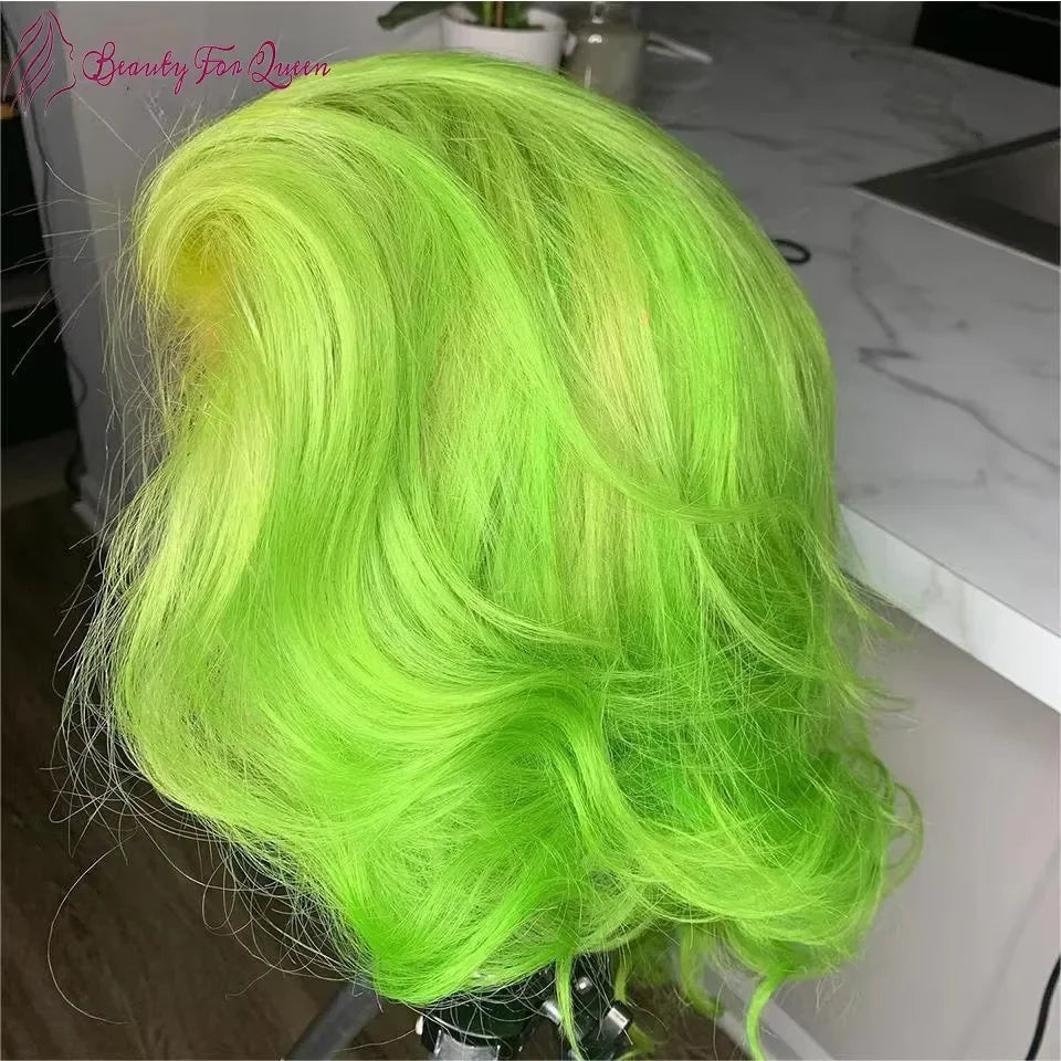 Fluorescent Green Human Hair Short Bob Wig 13X4 Lace Front 180% Density 100% Human Hair Quality HD Glueless Wig Human Hair