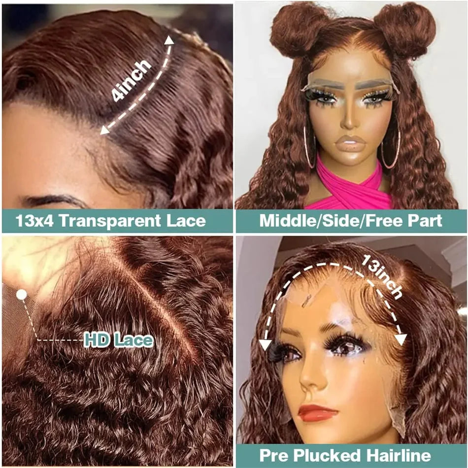Deep Curly Wigs Human Hair Chocolate Brown 13x4 13x6 Hd Lace Frontal Wig Colored Water Wave Lace Front Wig for Women 30 38 Inch