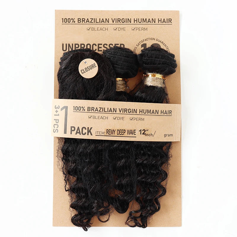 Deep Wave Body Wave Straight Human Hair Bundles With Closure Indian Hair Weave 3 Bundles With Machine Made Closure