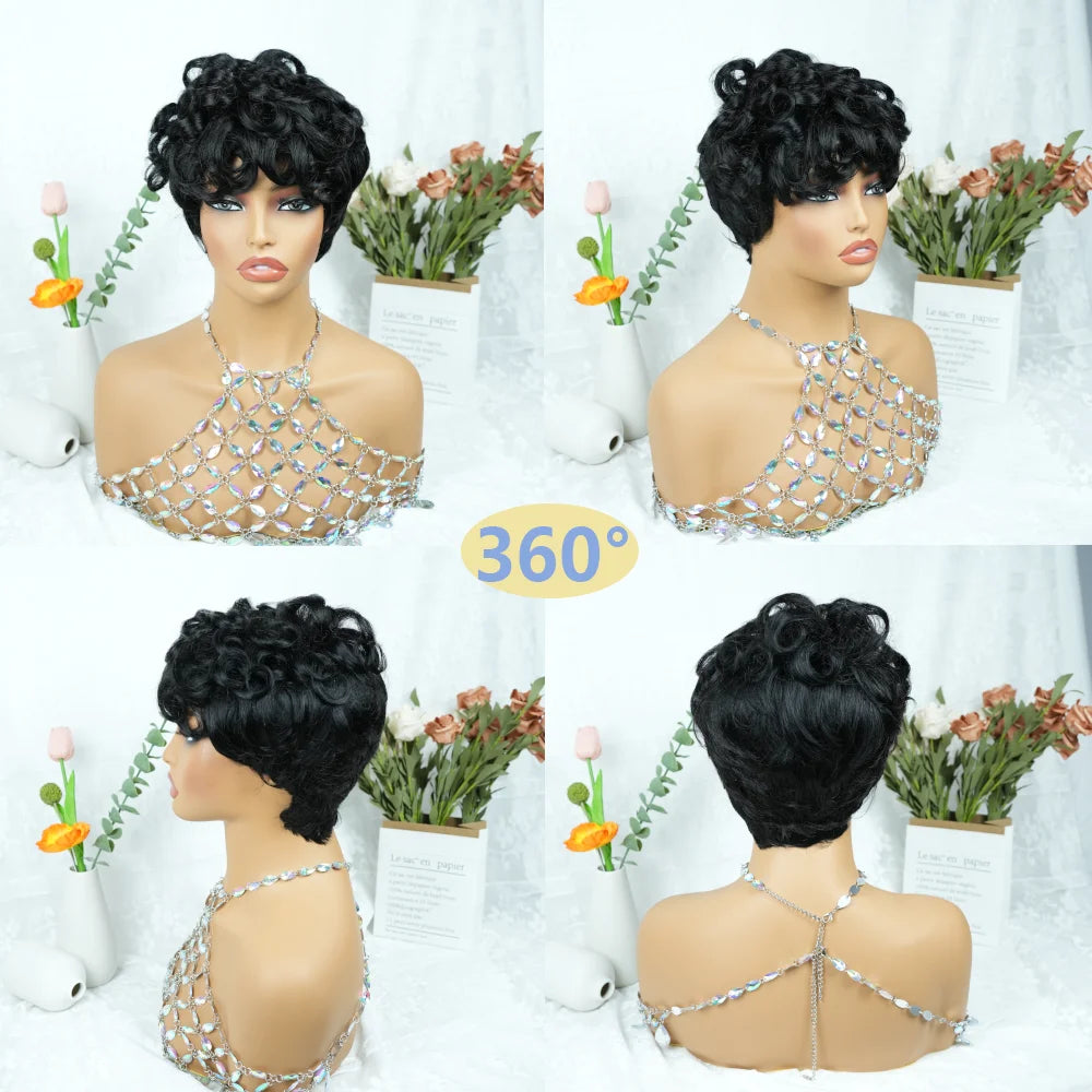 Short Curly Natural Color Pixie Cut Wig Human Hair Layered Short Loose Curly With Bangs Brazilian Hair Full Machine Made Wig