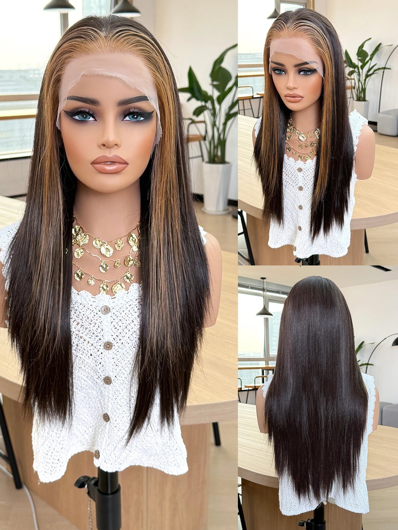 Lace Front Wig Blended Human Hair Synthetic Mix Natural Black Long  Hairpieces For Black Women Beginner Friendly Daily Wear