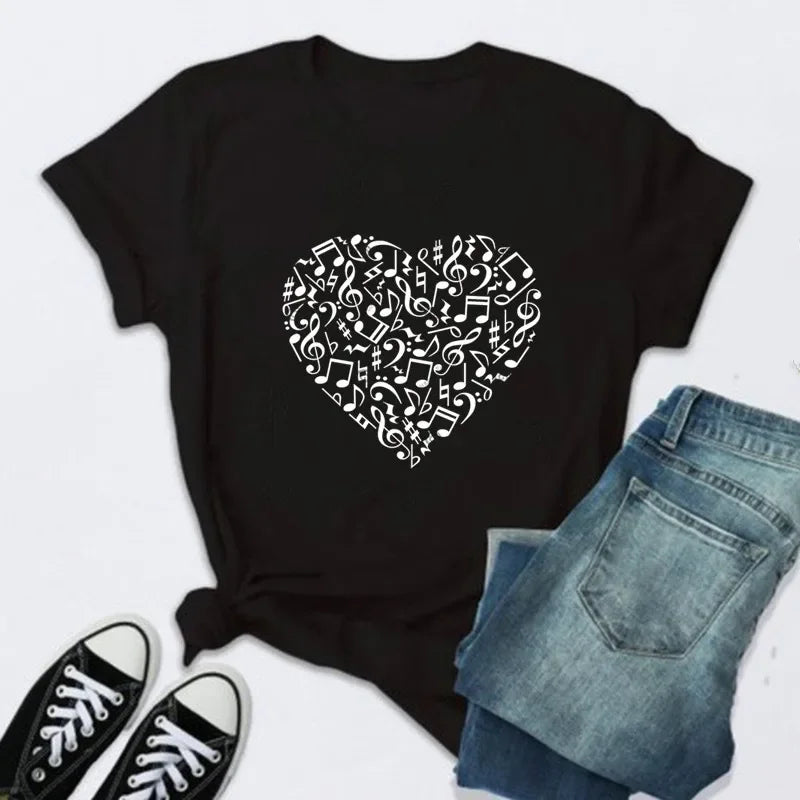 New Women T Shirt Music Note Printed Tshirt Female Summer Casual Short Sleeve O-neck T-shirt Tops Tops for Women Tops