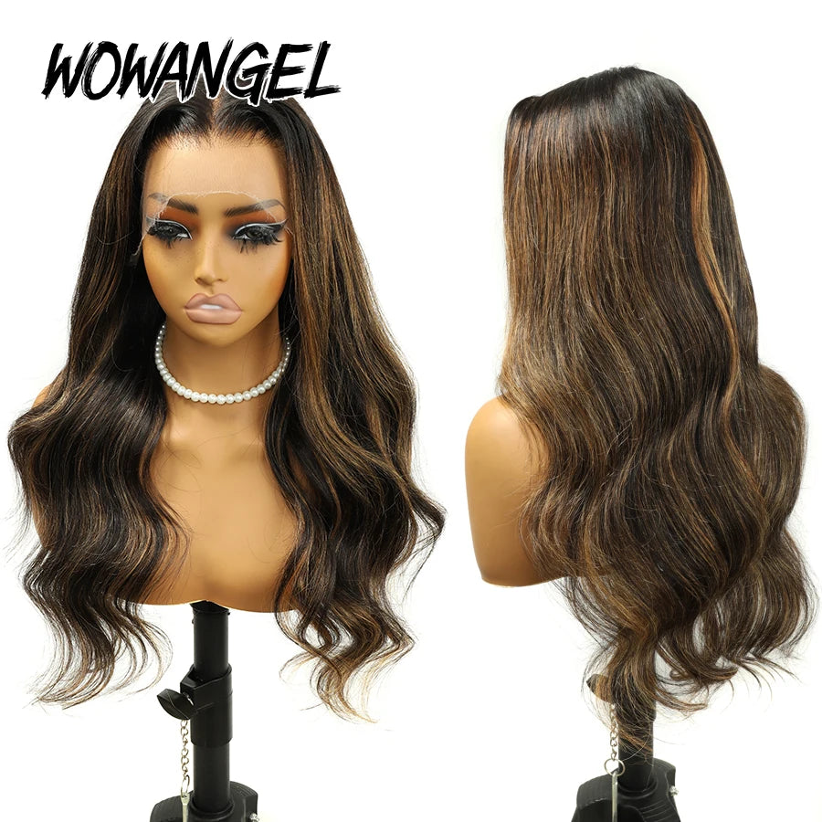 WOWANGEL 1B/27 Highlight Body Wave Wigs 100% Human Hair Pre Plucked 13x6 HD Lace Full Frontal Wigs With Baby Hair Brazilian Hair
