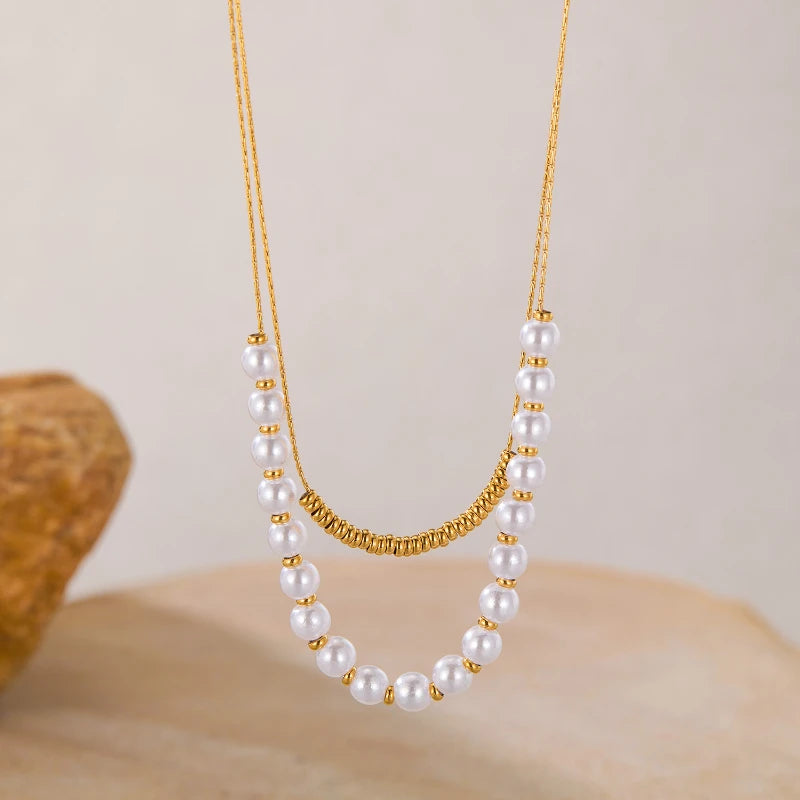 Pearl Necklace Stainless Steel Double-layer Layered Collarbone Chain Women Necklaces Party Fashion Jewelry