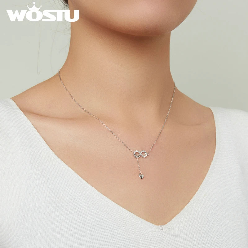 WOSTU Authentic 925 Sterling Silver Infinity Love Heart Pendant Necklace For Women Silver Jewelry Lover Romantic Gift CQN223
