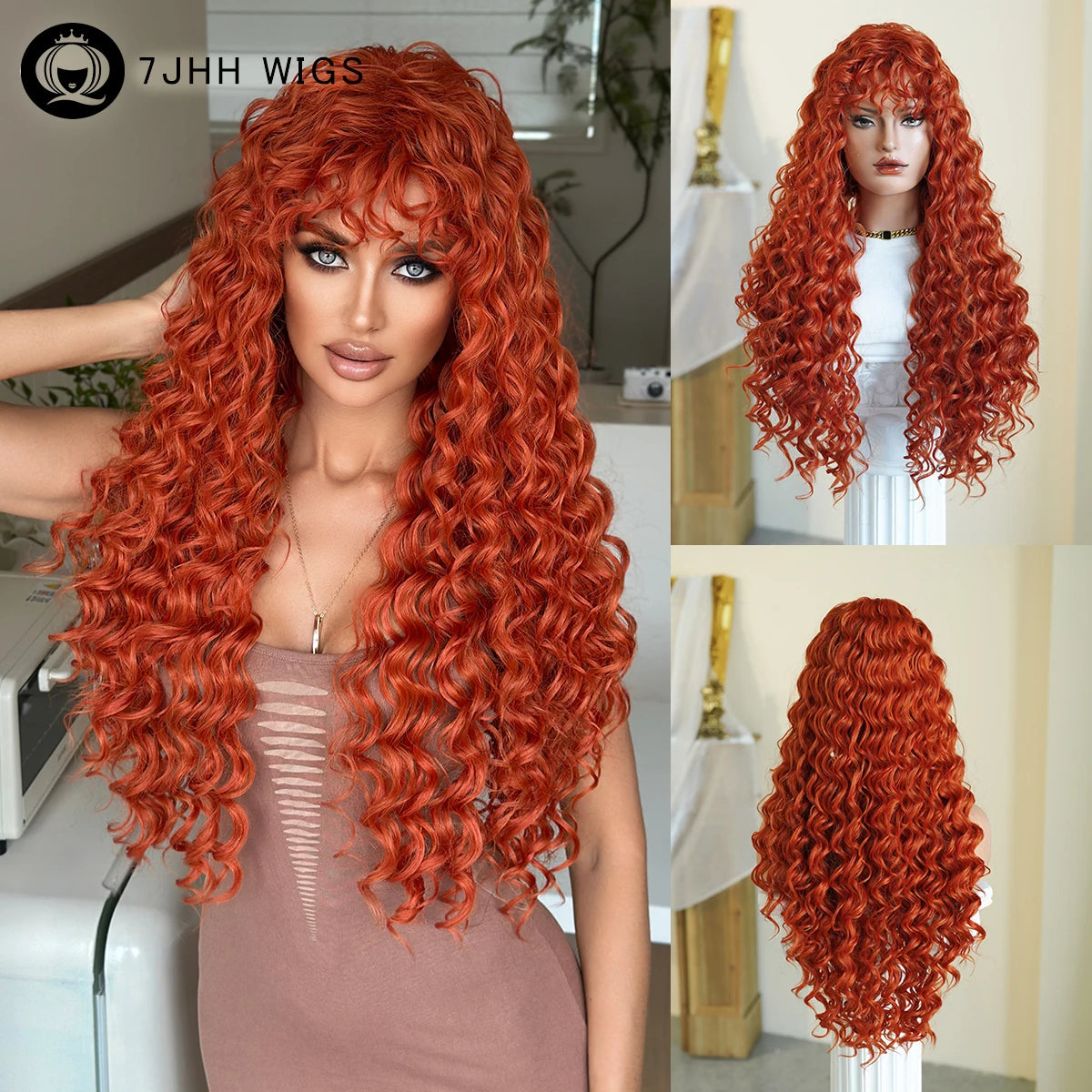 7JHH WIGS Long Loose Curly Wave Orange Wig for Women High Density Synthetic Modest Fashion Ginger Wigs with Air Bangs