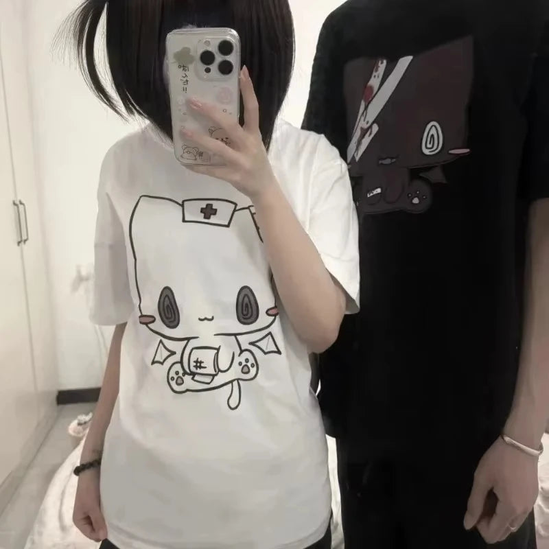 2026 New Women T Shirts Cartoon Printed Funny Couple Sweet Short Sleeve O Neck Loose Y2k Harajuku Tops Female Casual Tshirt