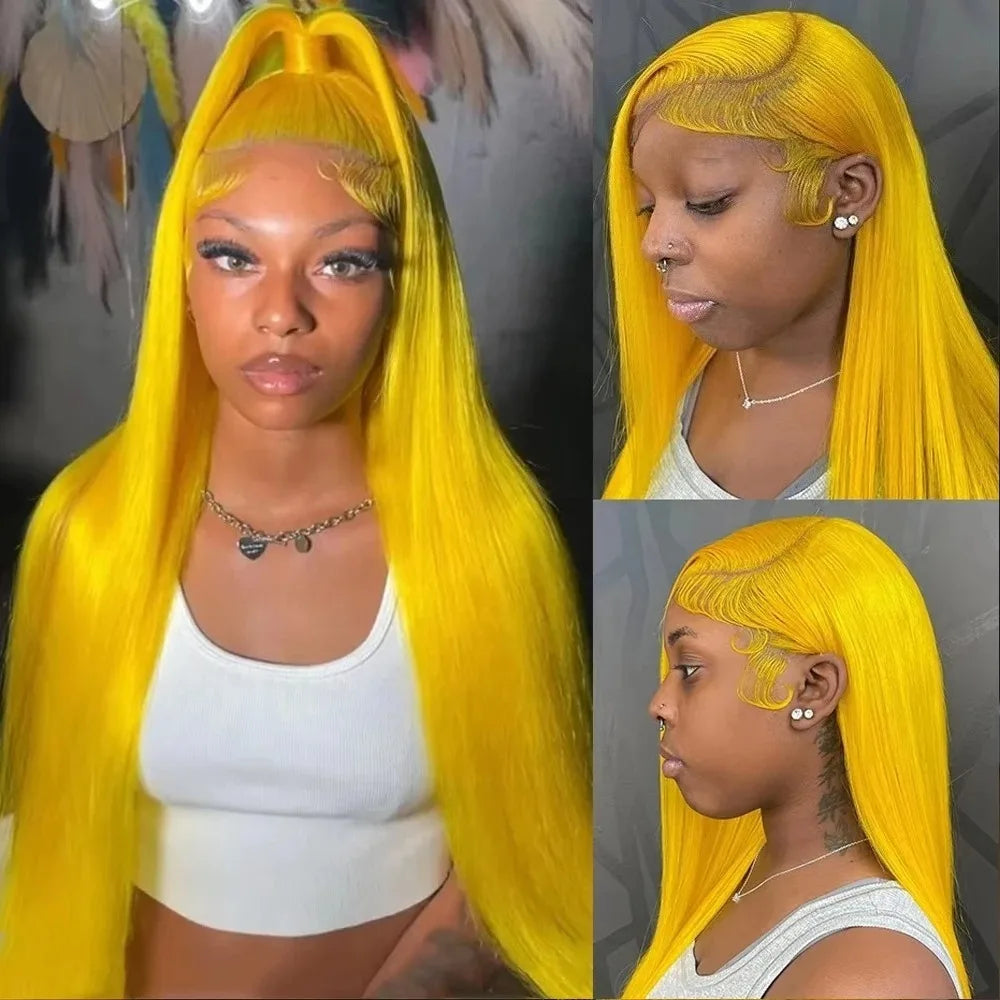 40 Inch Yellow Wigs Long Straight Lace Front Synthetic Wigs Pre Plucked Natural Hairline Glueless Wigs for Fashion Women Cosplay