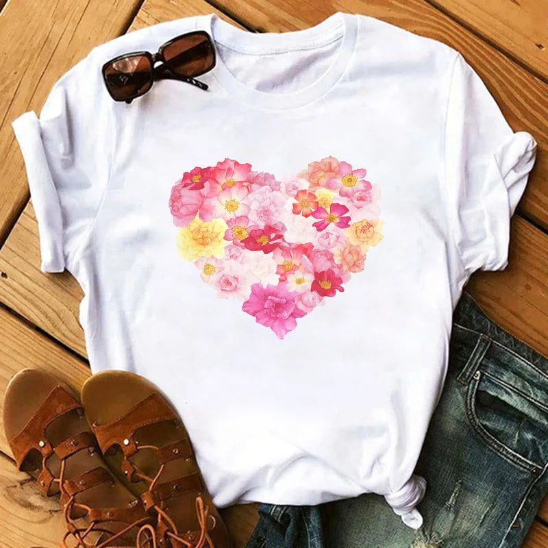 Love Flower Half Sleeve Cartoon White Letter T-shirt Women Wholesale Round Neck T-shirt Women Oversized T Shirt