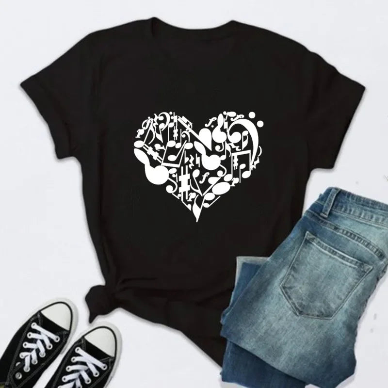 New Women T Shirt Music Note Printed Tshirt Female Summer Casual Short Sleeve O-neck T-shirt Tops Tops for Women Tops