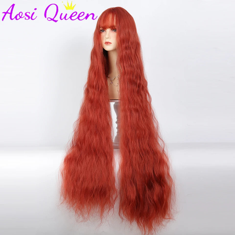 110cm Long Wavy Hair Synthetic Wigs Female Red Brown Coaplay Lolita Wig With Bangs Natural Hair Wigs Women Heat Fesistant Fiber