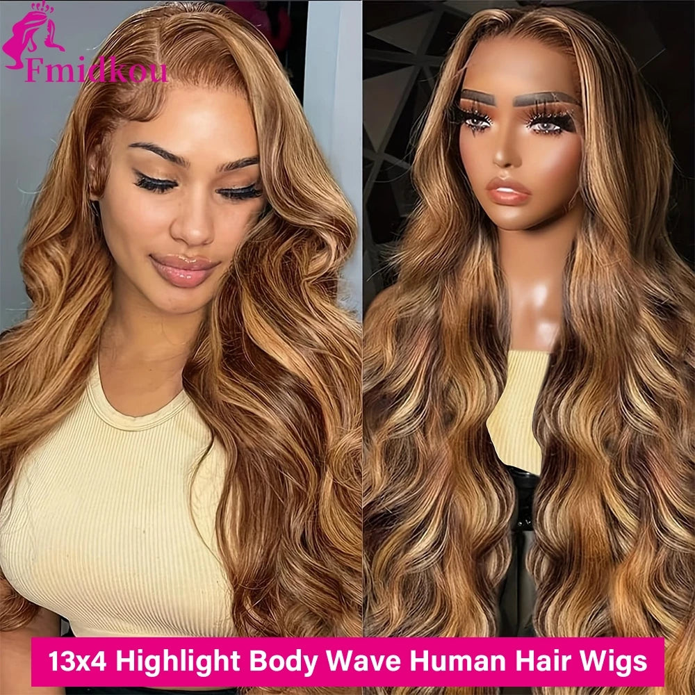 Highlight 13x6 HD Lace Frontal Human Hair Wig 4/27 Glueless Wigs Human Hair Clearance Sale Body Wave Human Hair Wigs For Woman
