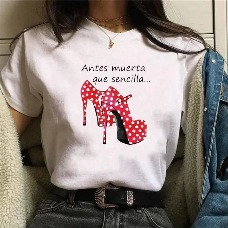 Women T-shirts Harajuku Tops Shirts Short Sleeve High Heel Print Flamengo Dance Tees Cartoon Graphic Female O-neck Shirt Clothes