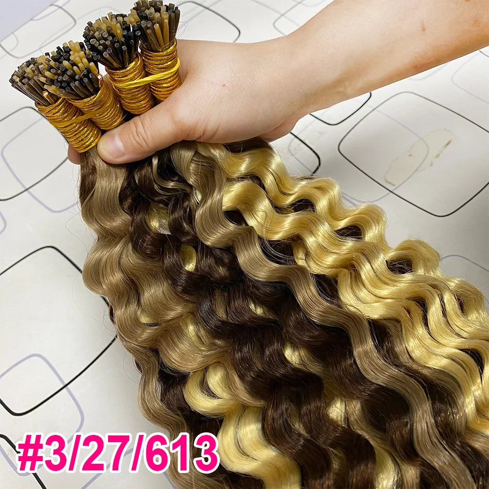 Deep Wave I Tip Hair Extensions 100%Human Hair Extensions Curly I Tip Double Drawn Bundles Microlink  Full Thick Ends Extensions