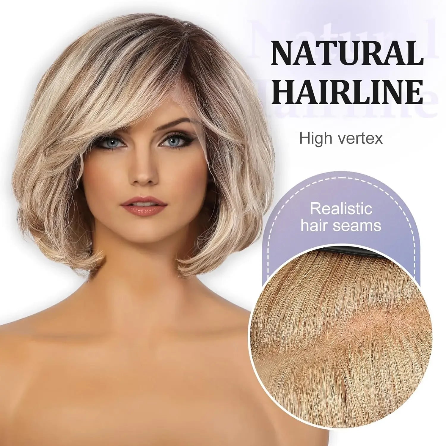 Short Layered Wavy Bob Wig with Bangs for Women Blonde Highlights Human Hair 12 Inches HD Lace Front Wigs With Dark Roots